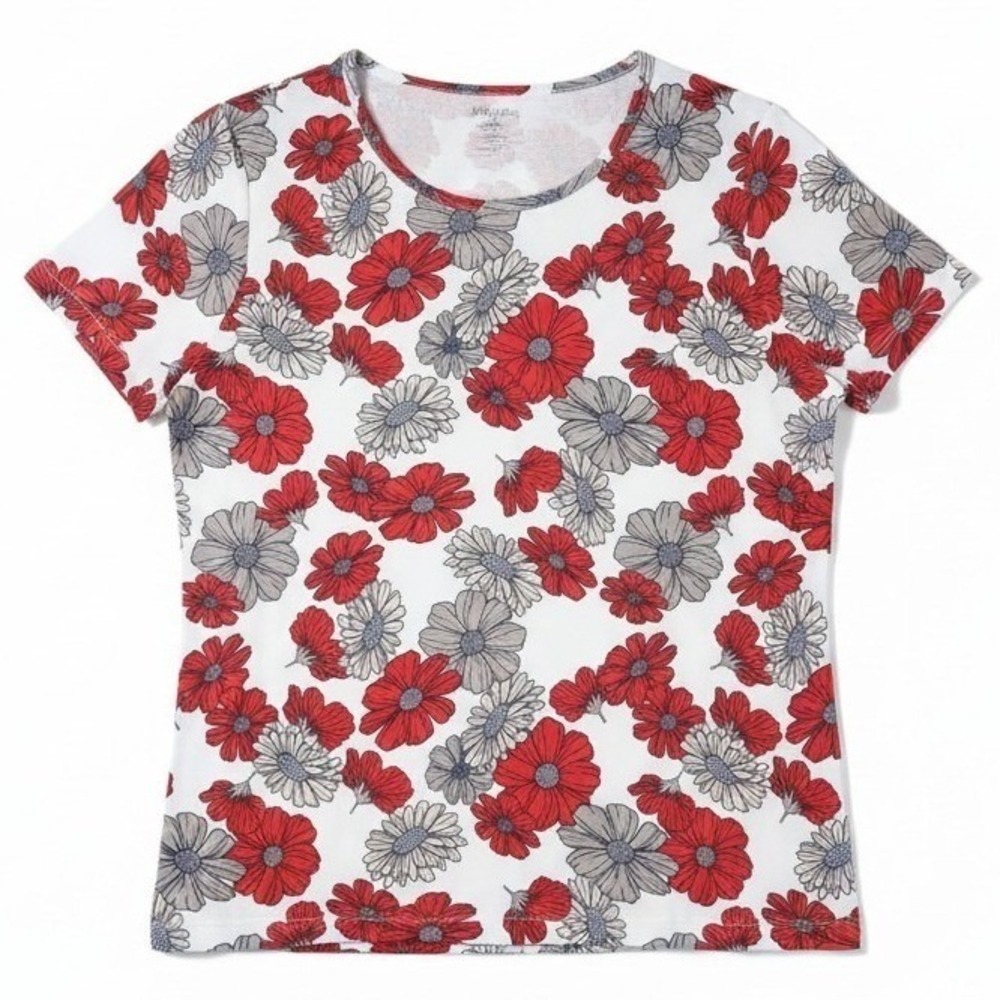 White Stag Womens Red Grey Daisy Floral Cotton Short Sleeve Tee Large 12-14